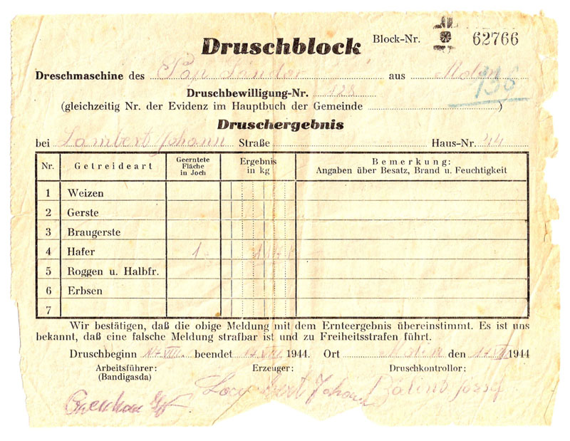 Document confirming Mr. Sander Pop threshed oats on 08-17-1944<br>Click to enlarge