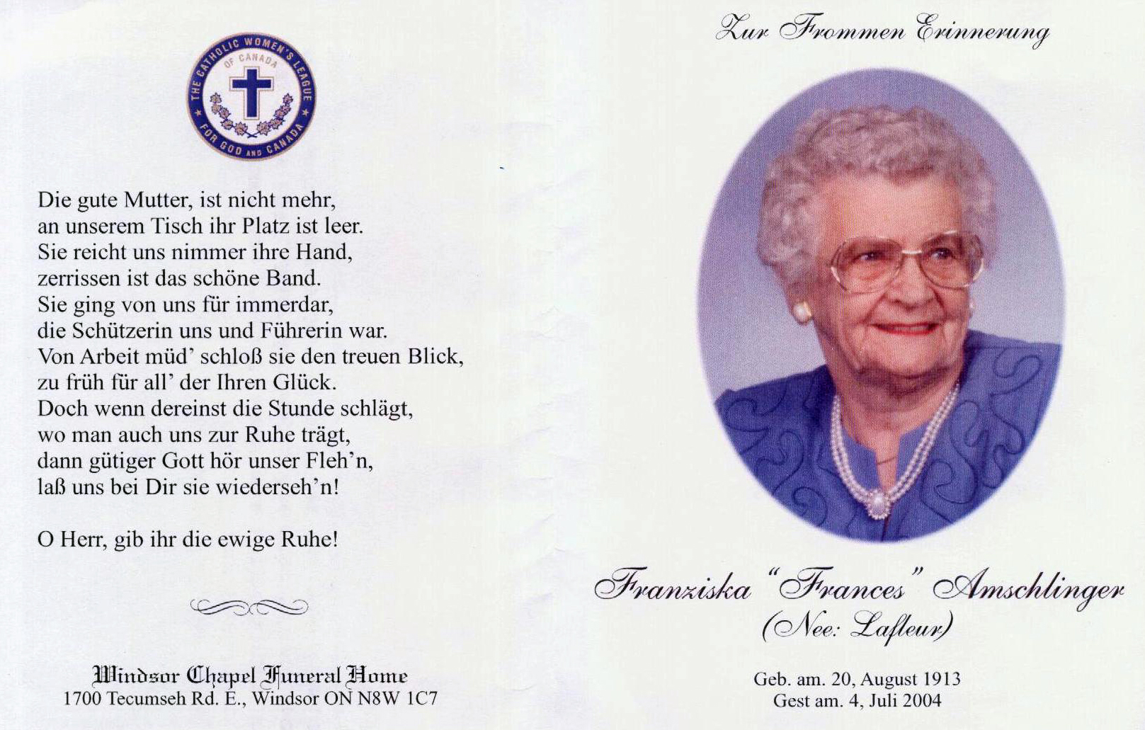 Franziska Amschlinger's Funeral Card<br>Click to enlarge
